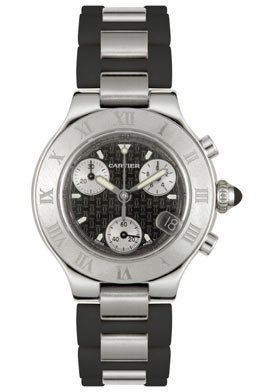 AAA 1:1 Replica Cartier-Must-21 Ladies Watches Black Double C Chronograph with Magnified Date at 4 Dial Calibre 471 Quartz FixedMM W10198U2 Watch